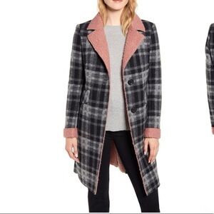 Sam Edelman Plaid Teddy Jacket with Pink Trim Great Winter Coat